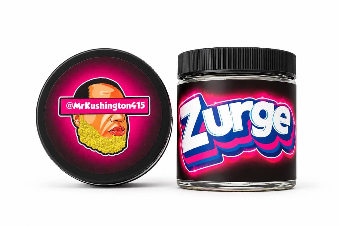 Mr. Kushington415 Zurge strain jar and lid - fresh Zkittlez x Gushers cannabis flower 2026 small batch