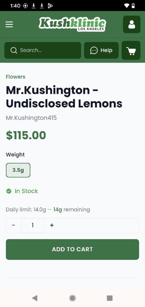   
Mr Kushington 415 Undisclosed Lemons Cannabis Flower Listing on Kushklinic Los Angeles