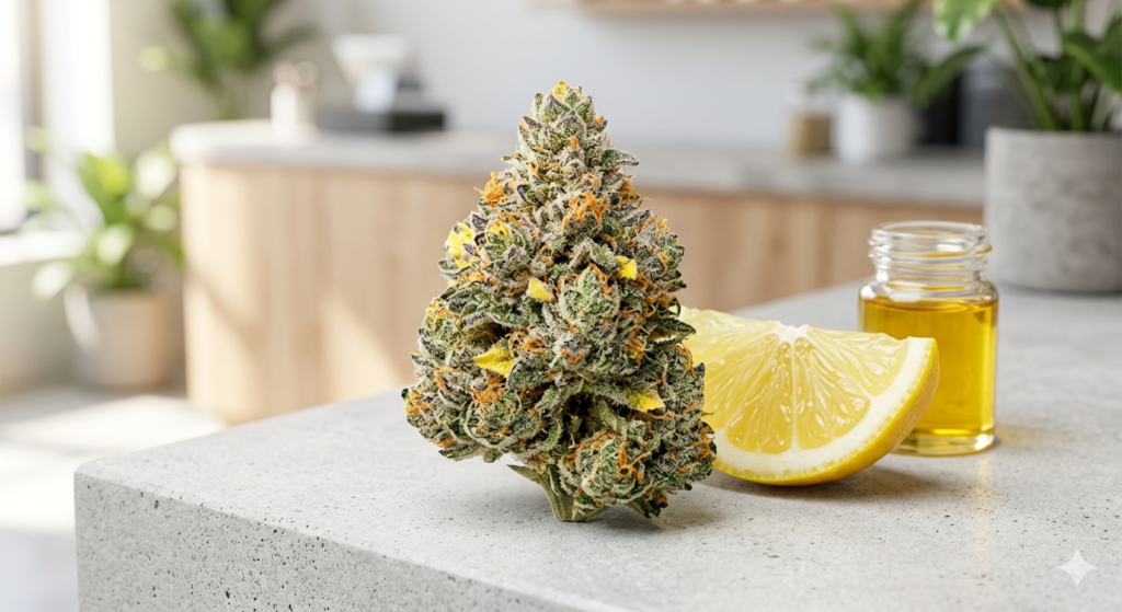 Lemon Up Genetics by Mr Kushington 415: Flavor, Effects & Strain Profile Close-up of a frosty Lemon Up cannabis bud with dense trichomes, sitting next to a fresh lemon slice and golden oil on a modern stone countertop.