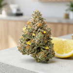 Close-up of a frosty Lemon Up cannabis bud with dense trichomes, sitting next to a fresh lemon slice and golden oil on a modern stone countertop.