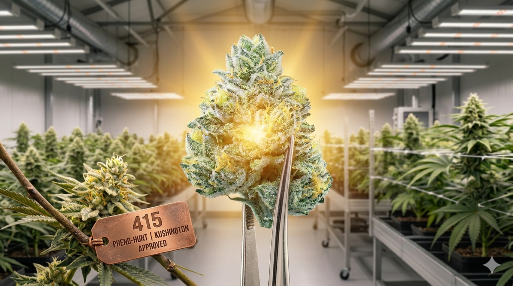 Macro close-up of a frosted LemonUP cannabis bud held by tweezers in a professional boutique cultivation facility, featuring heavy trichome coverage and a 415 Pheno-Hunt Kushington Approved copper tag