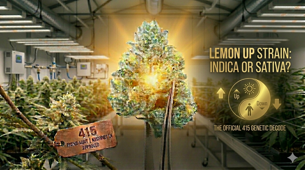 Infographic featuring a Lemon Up cannabis bud and a Yin-Yang 