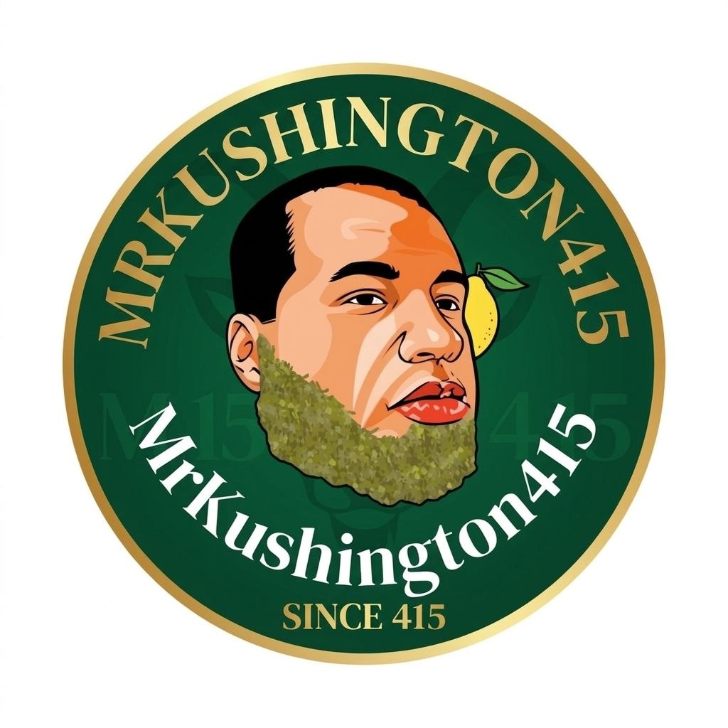 Premium gold and green circular insignia for MrKushington415 cannabis brand, featuring a founder portrait and lemon icon.