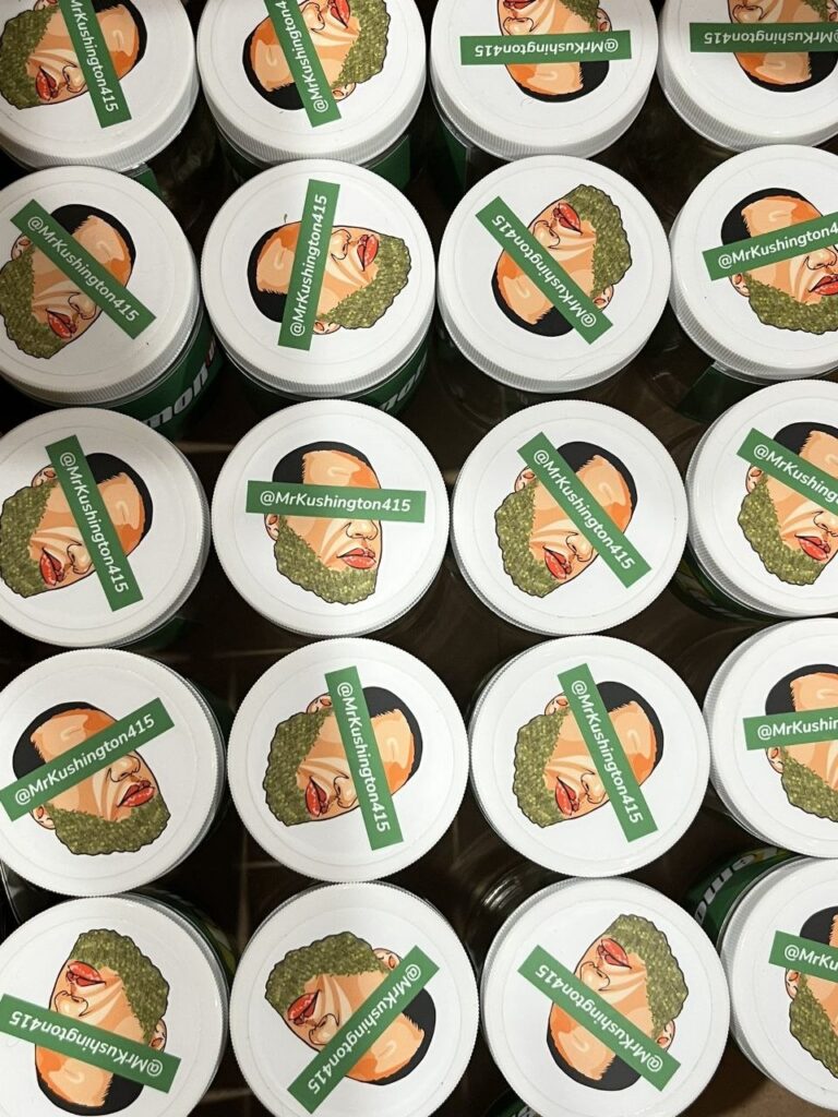 Grid of white-lidded Mr. Kushington 425 cannabis jars with branded logo and @MrKushington415 text