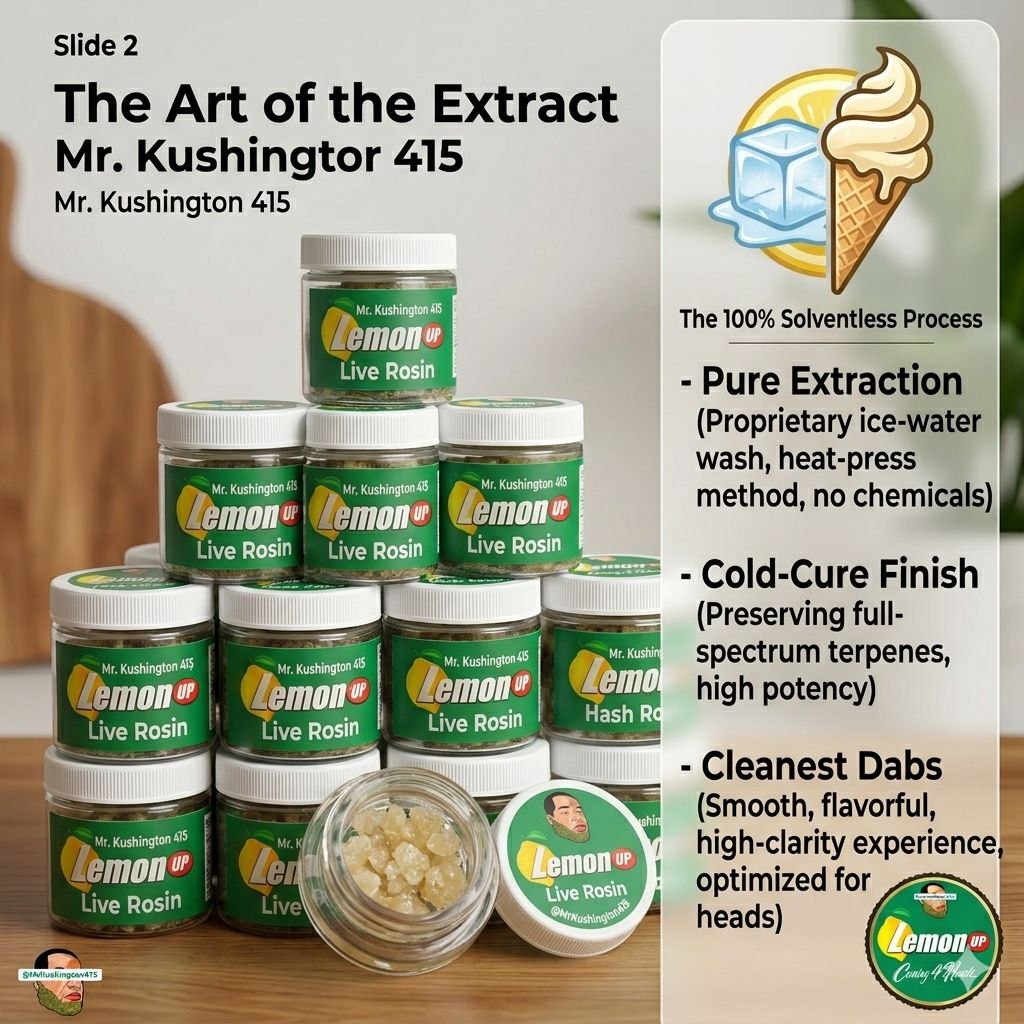 Mr. Kushington 415 Lemon Up Live Rosin infographic showing stacks of branded jars with a detailed breakdown of the 100% solventless extraction process.