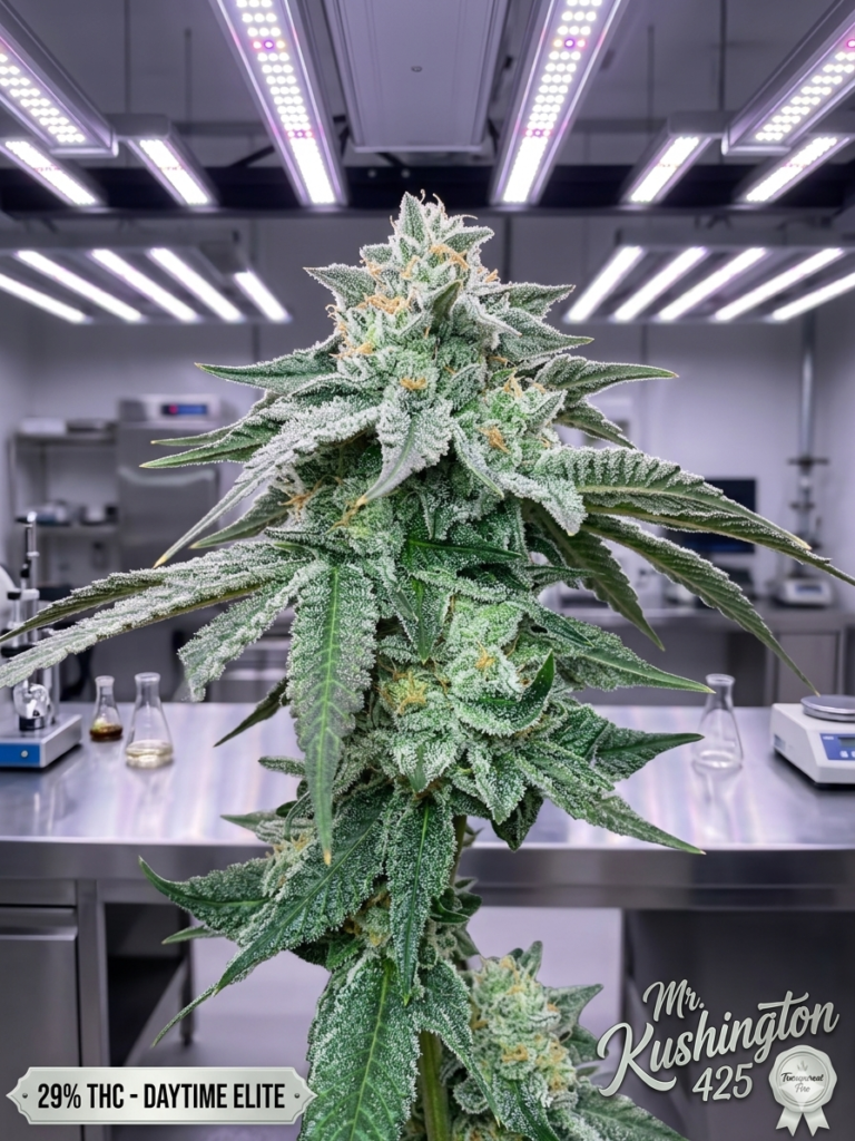 Macro shot of Citrus Surge cannabis trichomes in the Mr. Kushington 425 grow room.