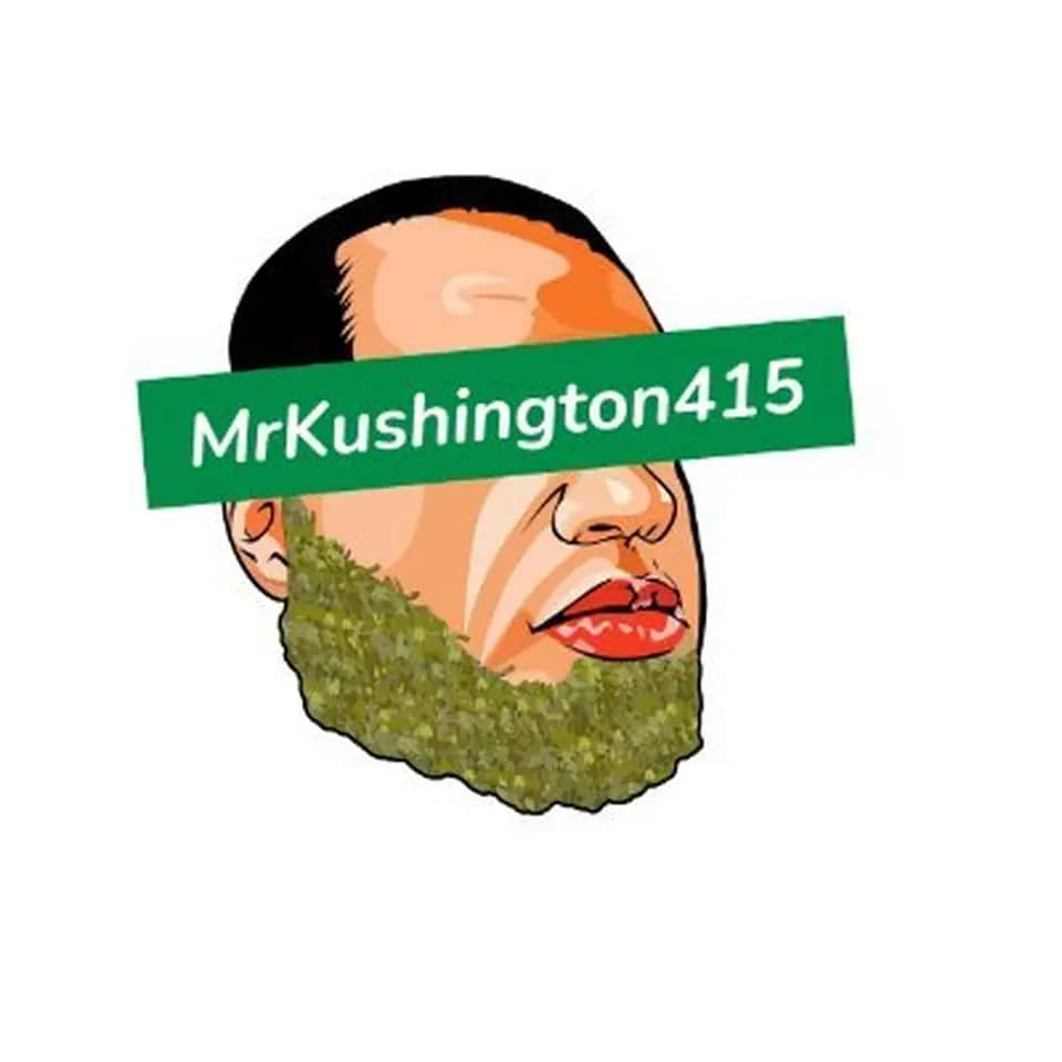 Mr Kushington 415 Logo — Stylized Portrait with Green Beard and Brand Banner